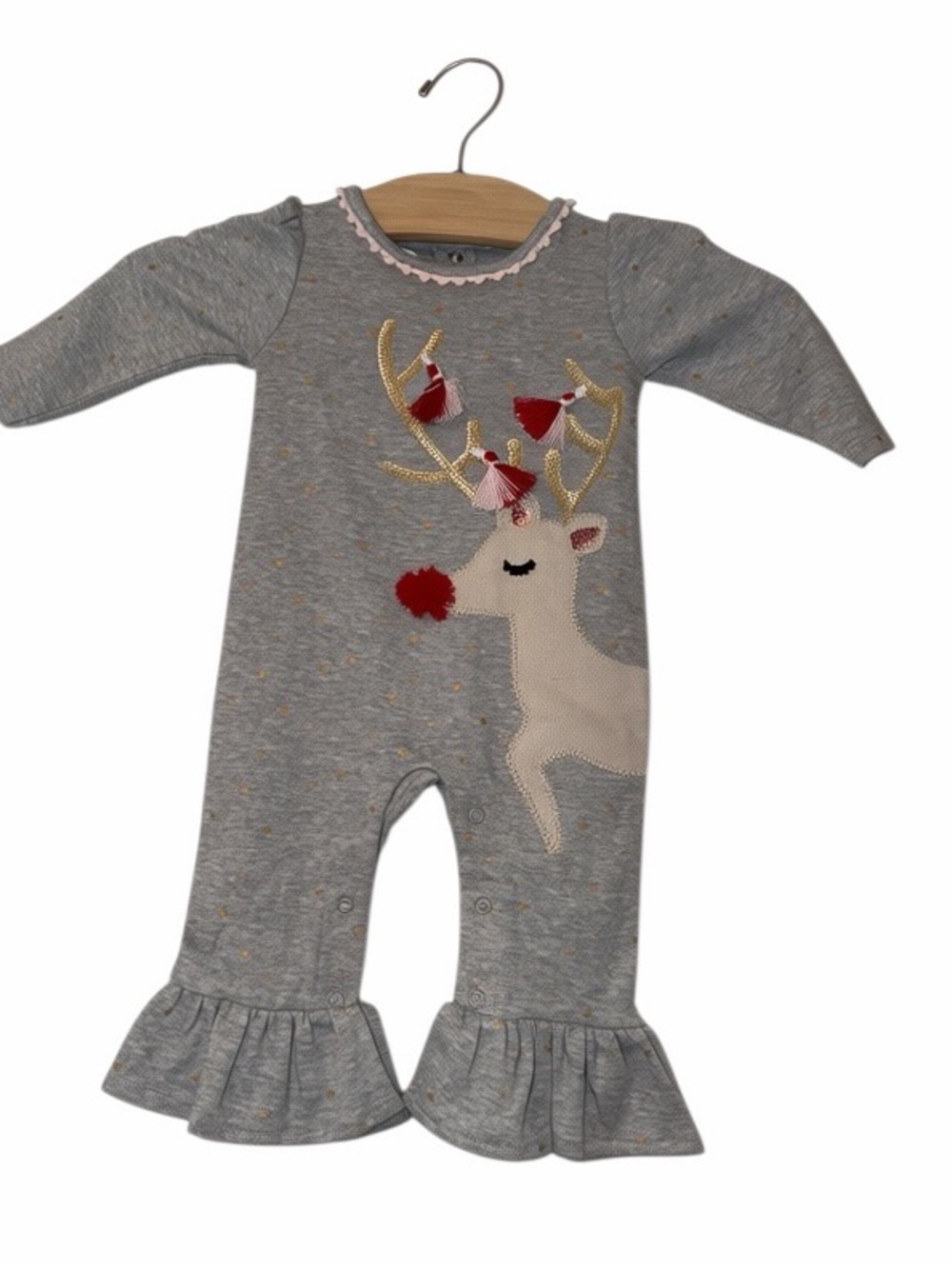 Mud pie Girls Gray gold holiday Reindeer polka dot Ruffle Hem Romper 3-6m nwt